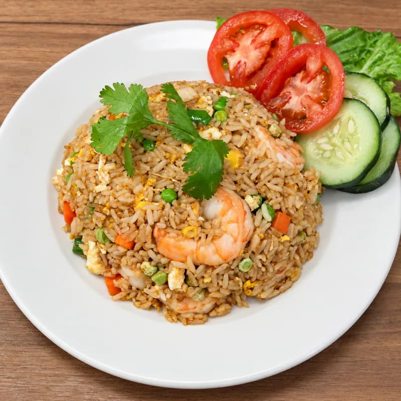 Shrimp fried rice with tomato and cucumber on the side